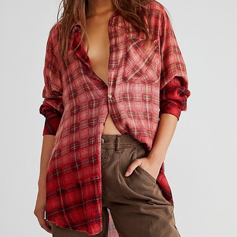 Free People Red Ombre Long Sleeve Button-Up Slouchy Grunge Plaid Shirt SM